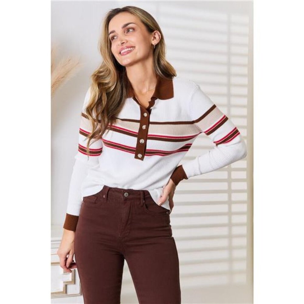 Basic Bae Striped Collared‎ Neck Rib-Knit Top